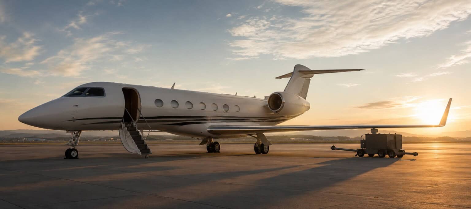private jet parked on a quiet general aviation ramp