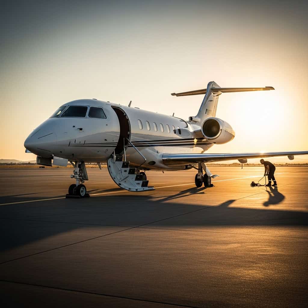 A private jet ready for departure on a general aviation ramp at dusk