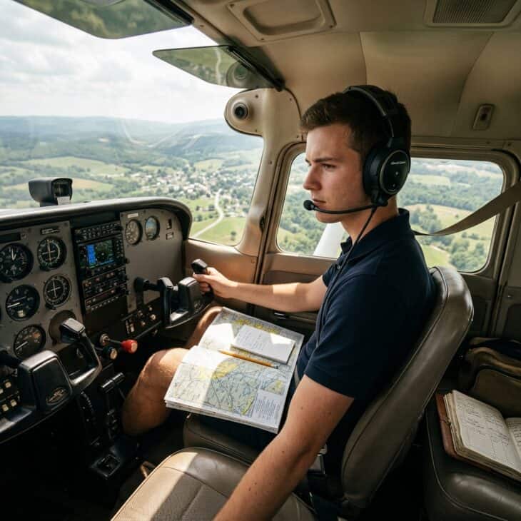 Pilot in small aircraft cockpit with sectional chart and logbook, hills visible below