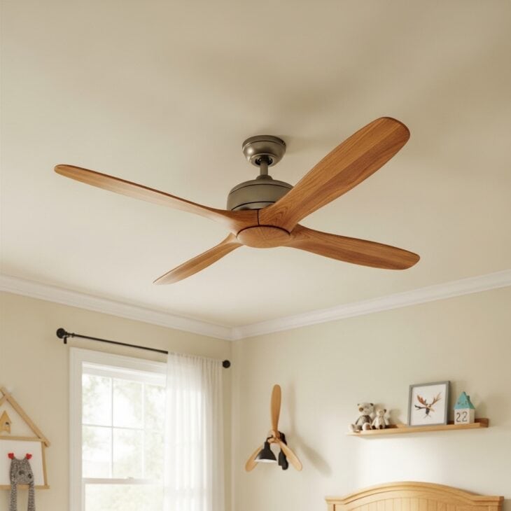Ceiling fan with wooden propeller-style blades in a kid's bedroom