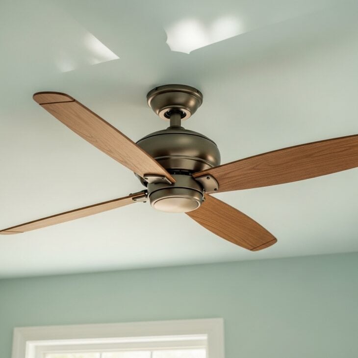 Ceiling fan with wooden propeller-style blades in a nursery