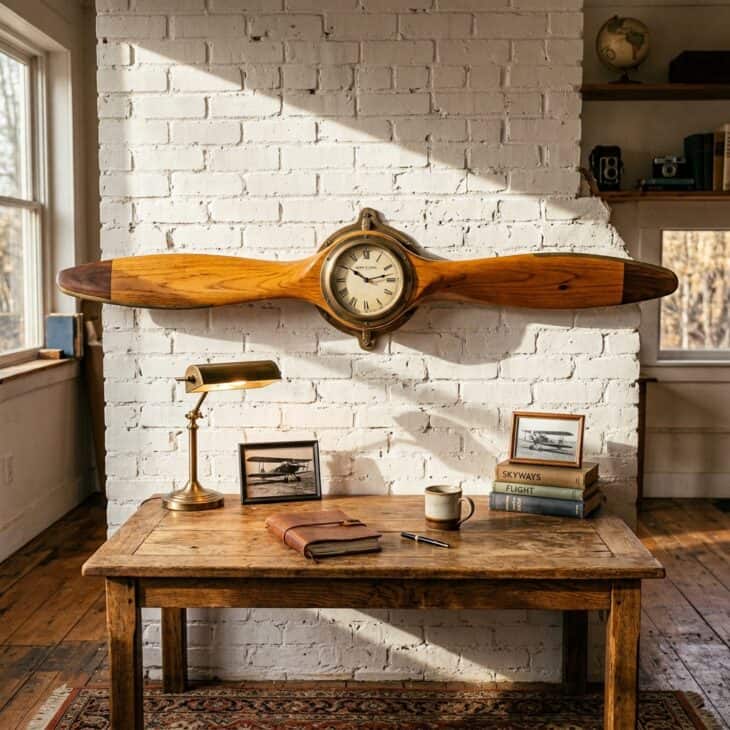 Vintage wooden propeller with clock face mounted at center hub on a white brick wall above a wooden desk