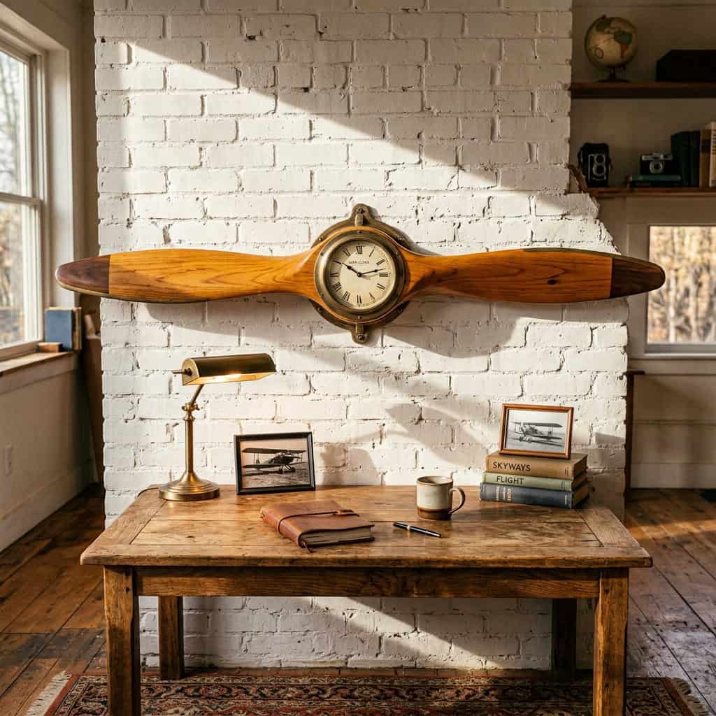 Vintage wooden propeller with clock face mounted at center hub on a white brick wall above a wooden desk