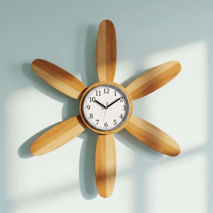 Wall clock built from a wooden airplane propeller with the face at the hub