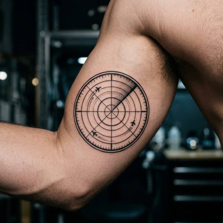 Circular radar screen tattoo on an adult upper arm with concentric rings, sweeping beam, and tiny aircraft blips