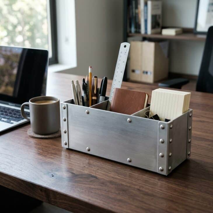 Brushed aluminum desk organizer with aircraft-style domed rivets holding pens and cards on a walnut desk