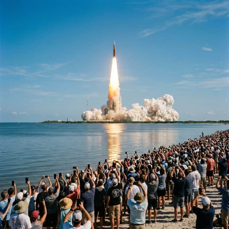Crowd on a beach viewing area watching a rocket lift off with a column of flame and smoke against a blue sky