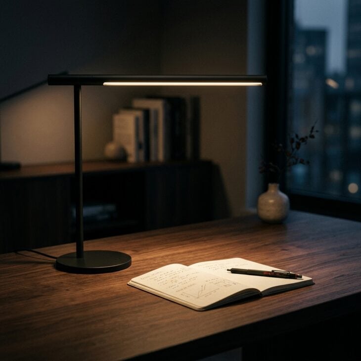 Slim matte black bar desk lamp casting a precise pool of warm light onto a dark wood desk with notebook