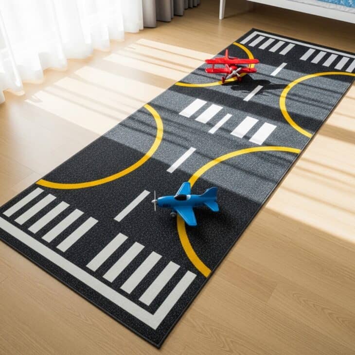 Long bedroom rug printed like an airport runway with markings and toy planes