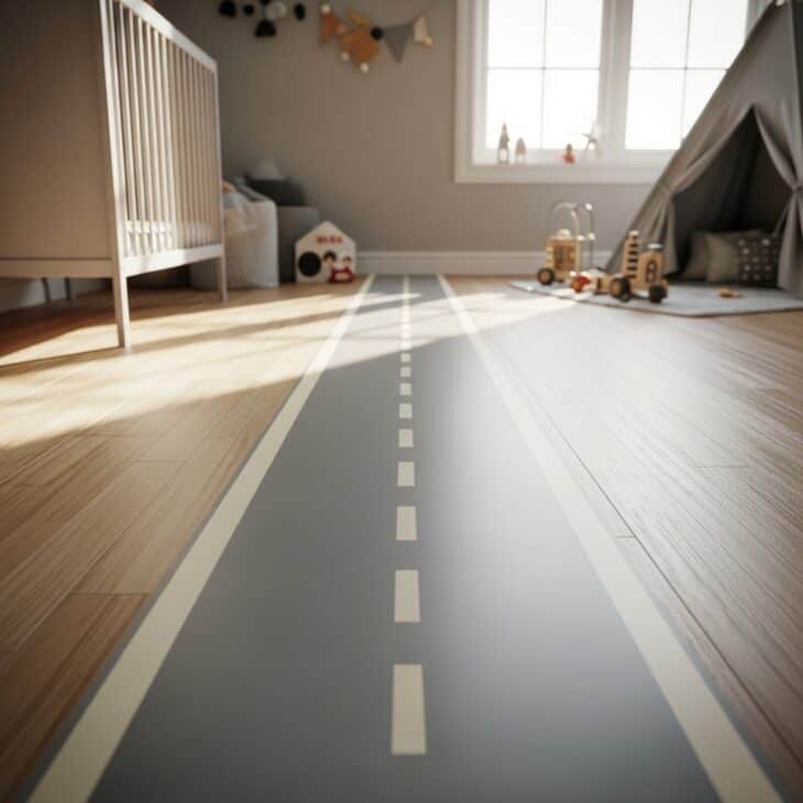 Nursery floor with a painted runway stripe and dashed center line