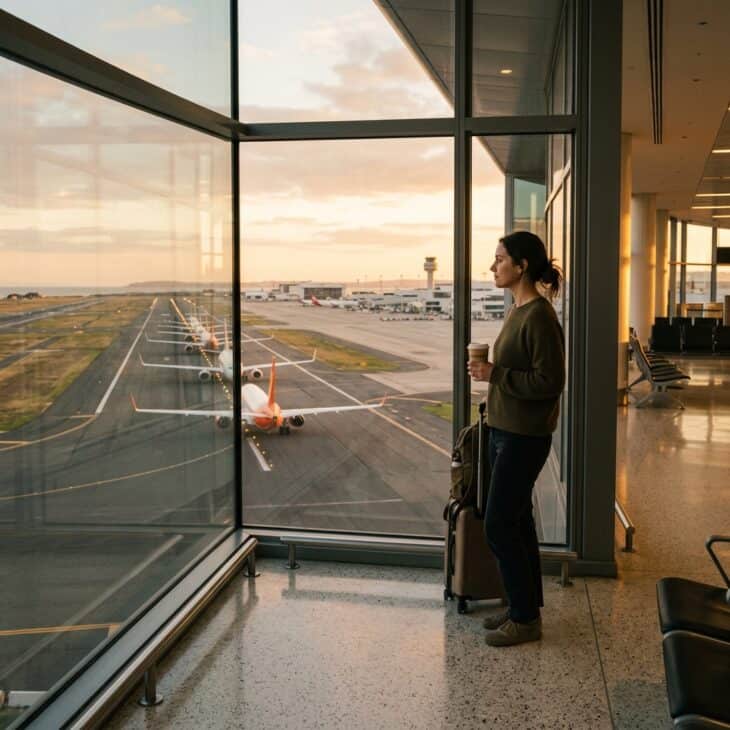 Traveler at a corner window at the end of a terminal concourse watching aircraft lined up on the runway in late afternoon light