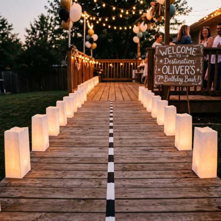 Party entrance with black and white tape runway markings and paper bag luminaries lining the sides as runway lights