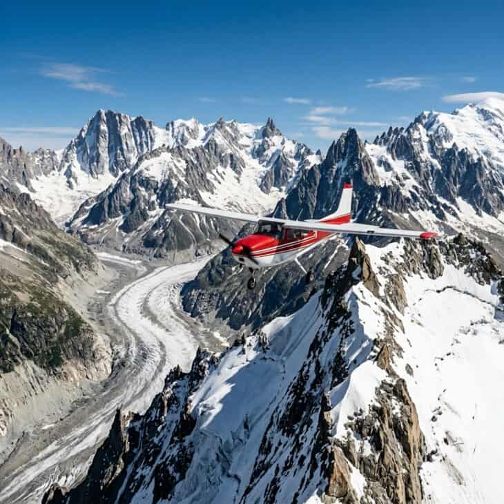 Small aircraft flying low over snow-capped mountain peaks with a glacier visible in the valley below