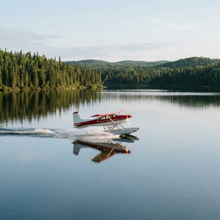 Small seaplane accelerating across a calm lake with floats beginning to lift and spray arcing behind