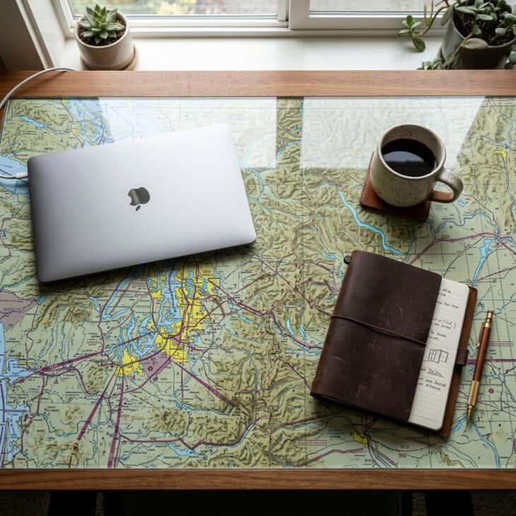 Aeronautical sectional chart under tempered glass as a desk mat with laptop and notebook on top, seen from above