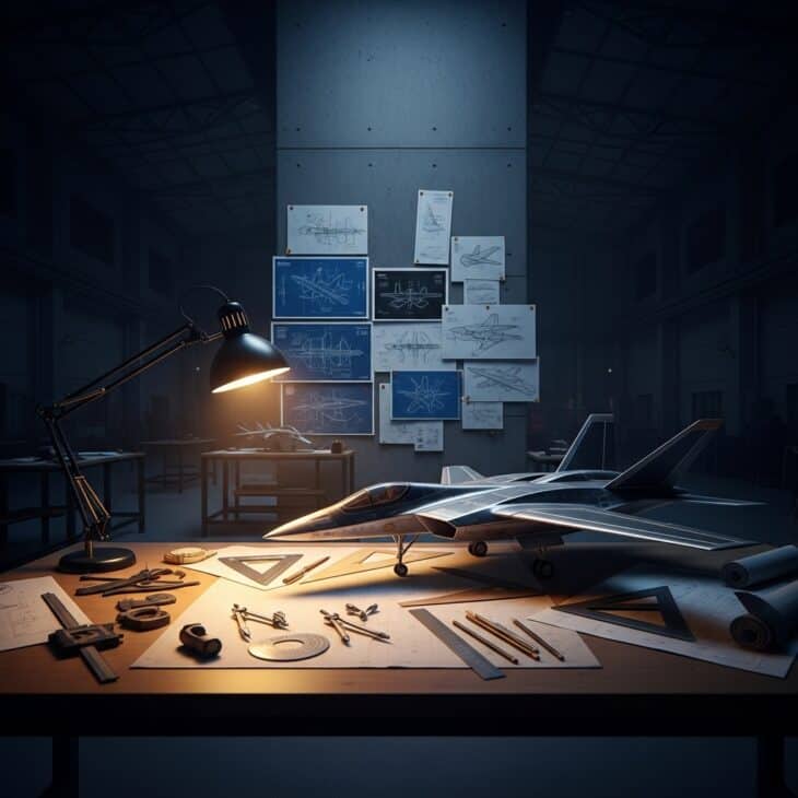 Secret engineering workshop at night with blueprints on the wall and a sleek angular aircraft model on a lit workbench