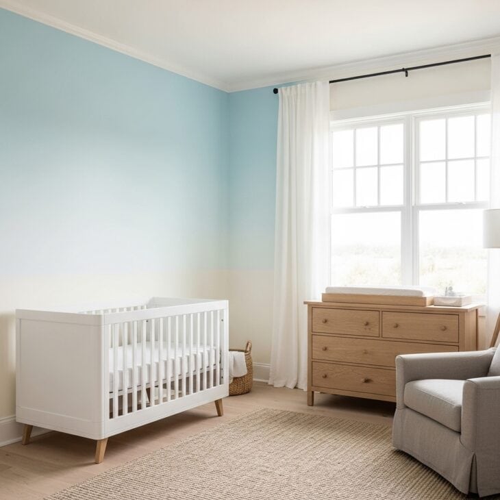 Nursery walls painted in a soft sky-blue to white ombre gradient