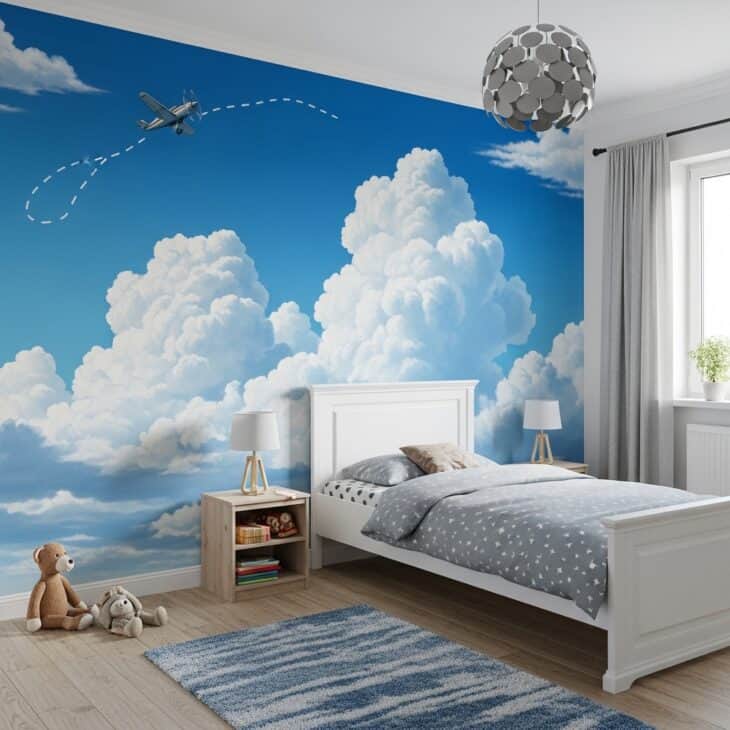 Kid's bedroom feature wall painted as a blue sky with clouds and a small plane