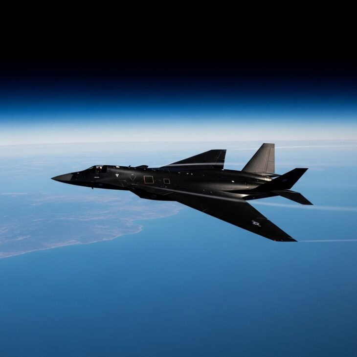 Sleek all-black aircraft at extreme altitude with the curve of the Earth visible below and the sky transitioning to deep space above