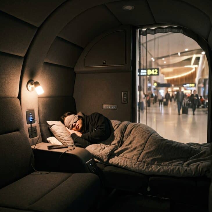 Interior of a modern airport sleep pod with reclining seat, reading light, charging port, and privacy screen