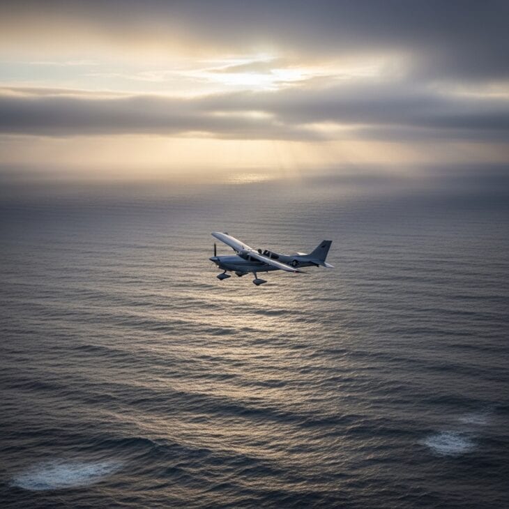 Small silver single-engine monoplane alone over a vast gray Atlantic Ocean at dawn with low clouds on the horizon