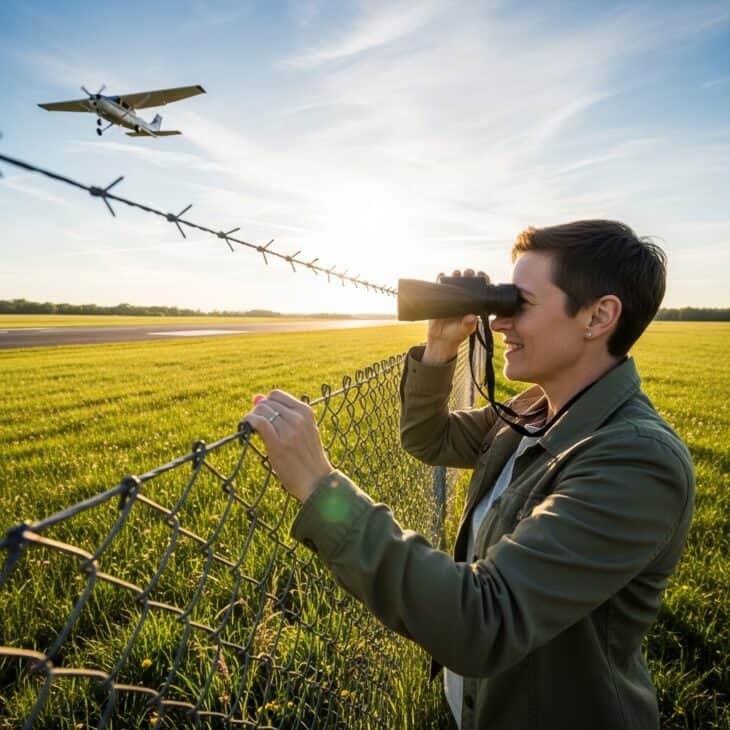 Plane spotter at a perimeter fence watching a propeller aircraft on final approach