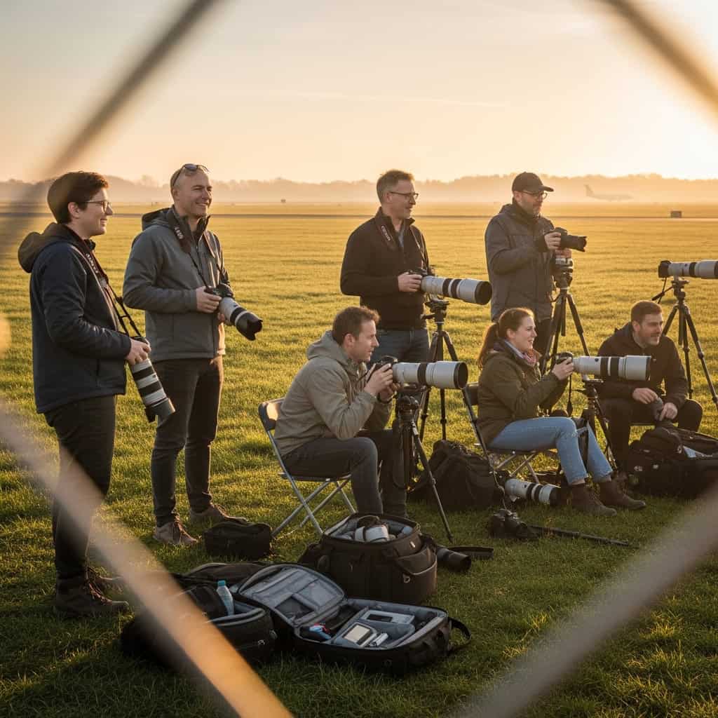 Small group of plane spotters with cameras and bags gathered at an airfield perimeter in warm early morning light