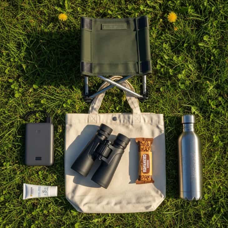 Flat lay of a plane spotter's kit including folding chair, binoculars, water bottle, and battery pack on green grass