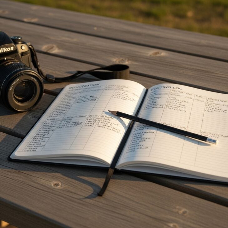 Handwritten plane spotting log open on a picnic table with columns of registrations, types, and dates