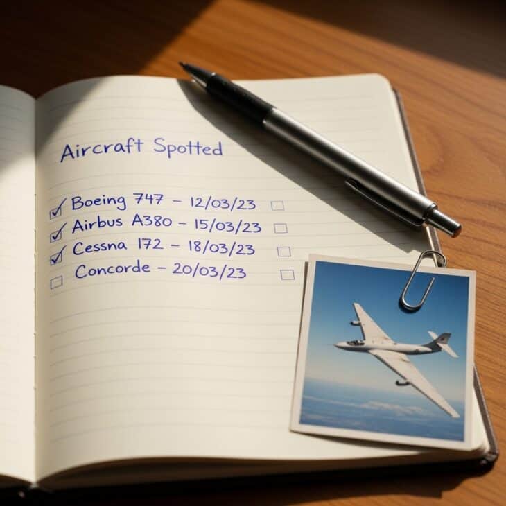 Spotting wishlist notebook with ticked and unticked aircraft types, a photo of an unusual aircraft clipped to the page