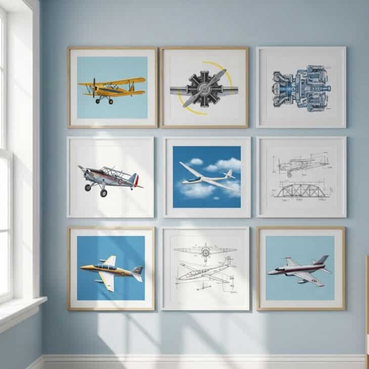 Gallery wall of framed aircraft prints and blueprint diagrams in a kid's room