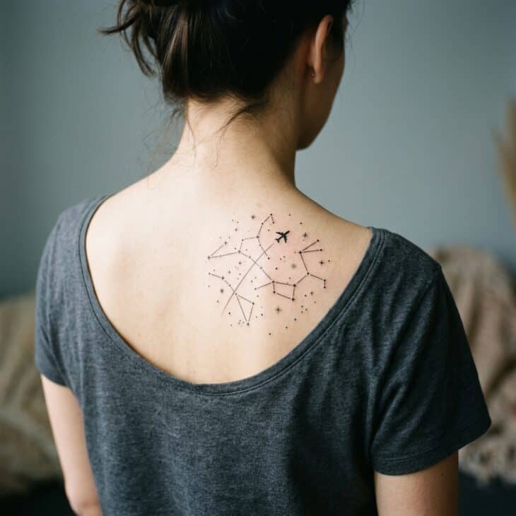 Delicate star chart aviation tattoo on an adult upper back with constellation dots and a tiny airplane crossing through them