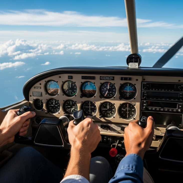 Pilot's hands on the control yoke of a small aircraft with the horizon visible through the windshield and analog gauges below