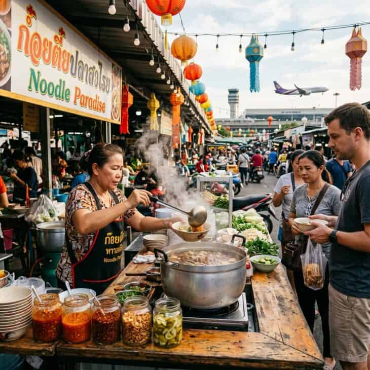 Street food vendor ladling steaming noodle soup at a busy market near an airport, with lanterns overhead and condiments on the counter