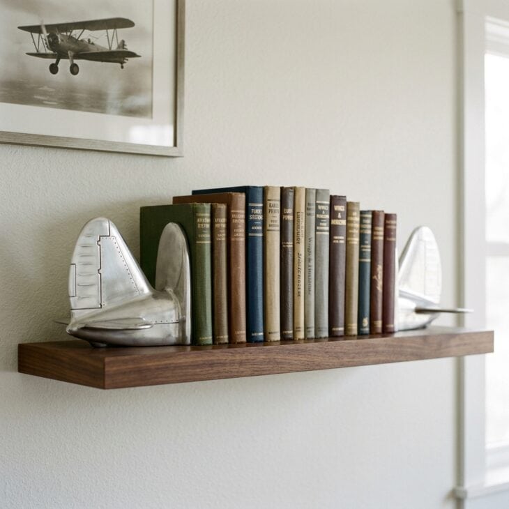 Brushed silver aircraft tail section bookends holding aviation books on a dark walnut shelf