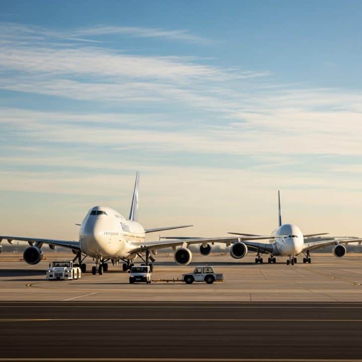 Two commercial aircraft taxiing in sequence along a wide taxiway in soft morning light viewed from a side-on spotting position