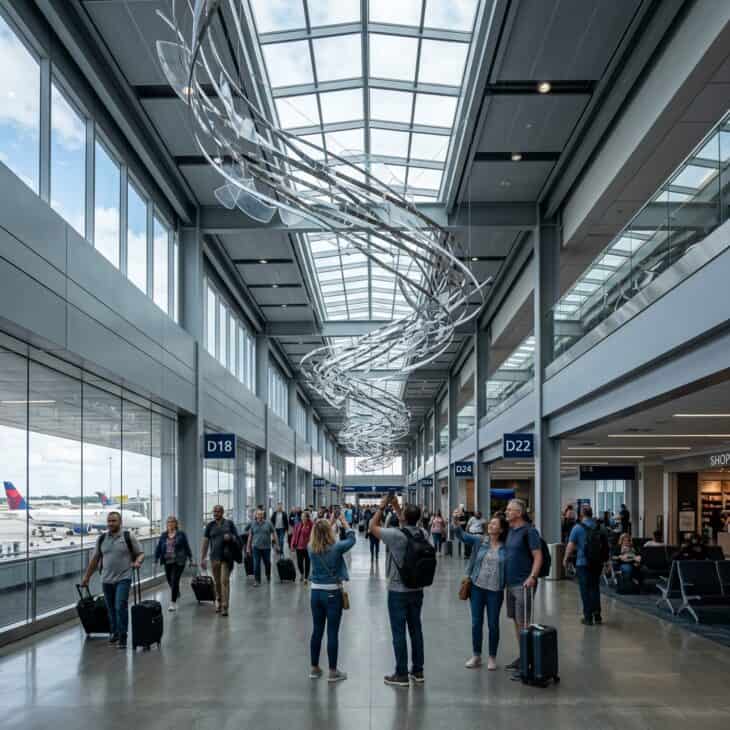 Monumental abstract sculpture suspended from the ceiling of a modern airport terminal corridor with natural skylight