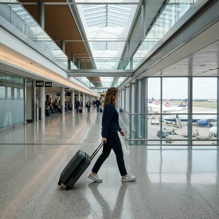 Traveler walking purposefully down a long, light-filled airport terminal corridor with parked aircraft visible through windows