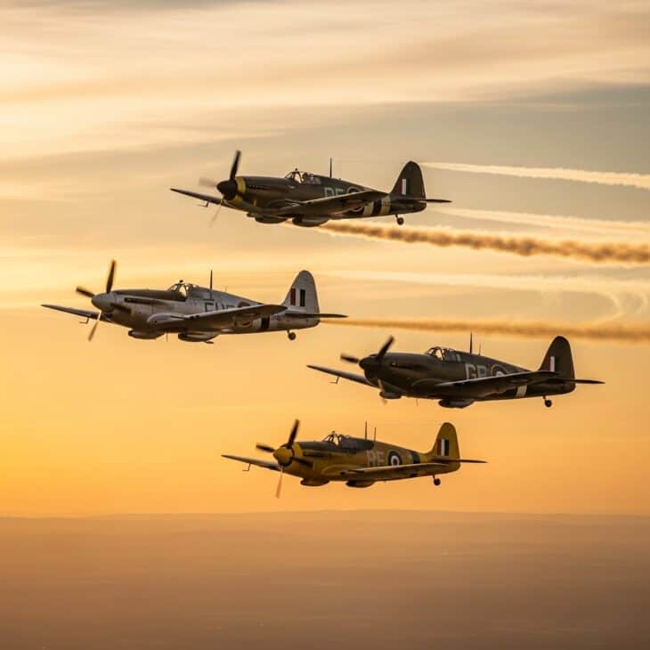 Three WWII aircraft in loose formation above a golden sunset with contrails forming and warm amber light from below