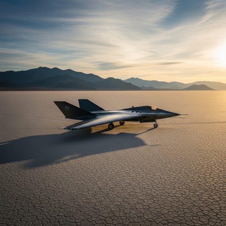 Lone experimental aircraft on a vast dry desert lakebed in early morning light with mountains on the horizon