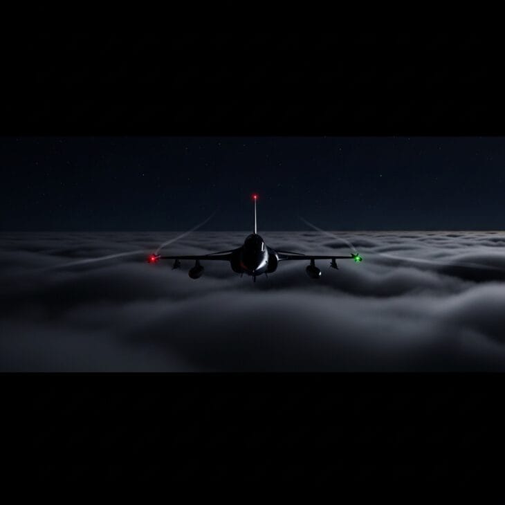 Single-seat jet fighter at night above overcast cloud with navigation lights visible and faint starlight above