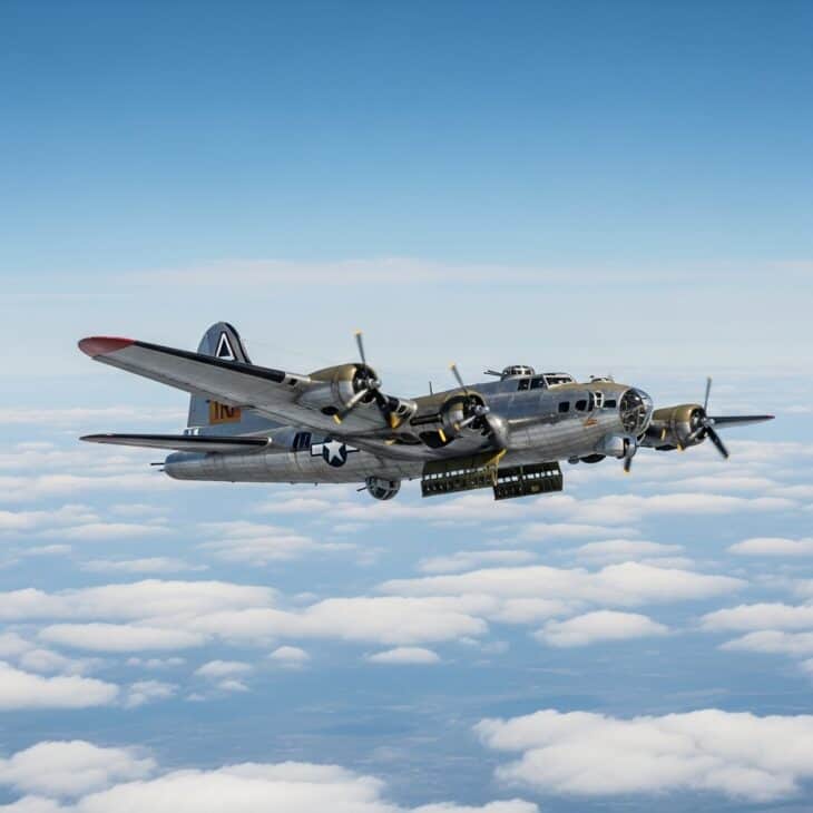 Four-engine WWII heavy bomber in flight above scattered cloud at high altitude with gun turrets and bomb bay visible