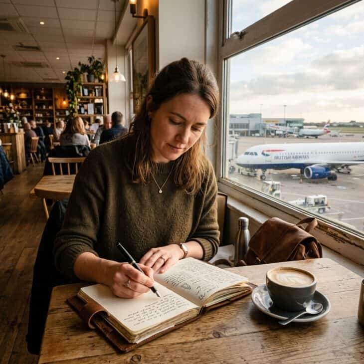 Traveler writing in a paper journal at an airport cafe table with a coffee and a parked aircraft visible through the window