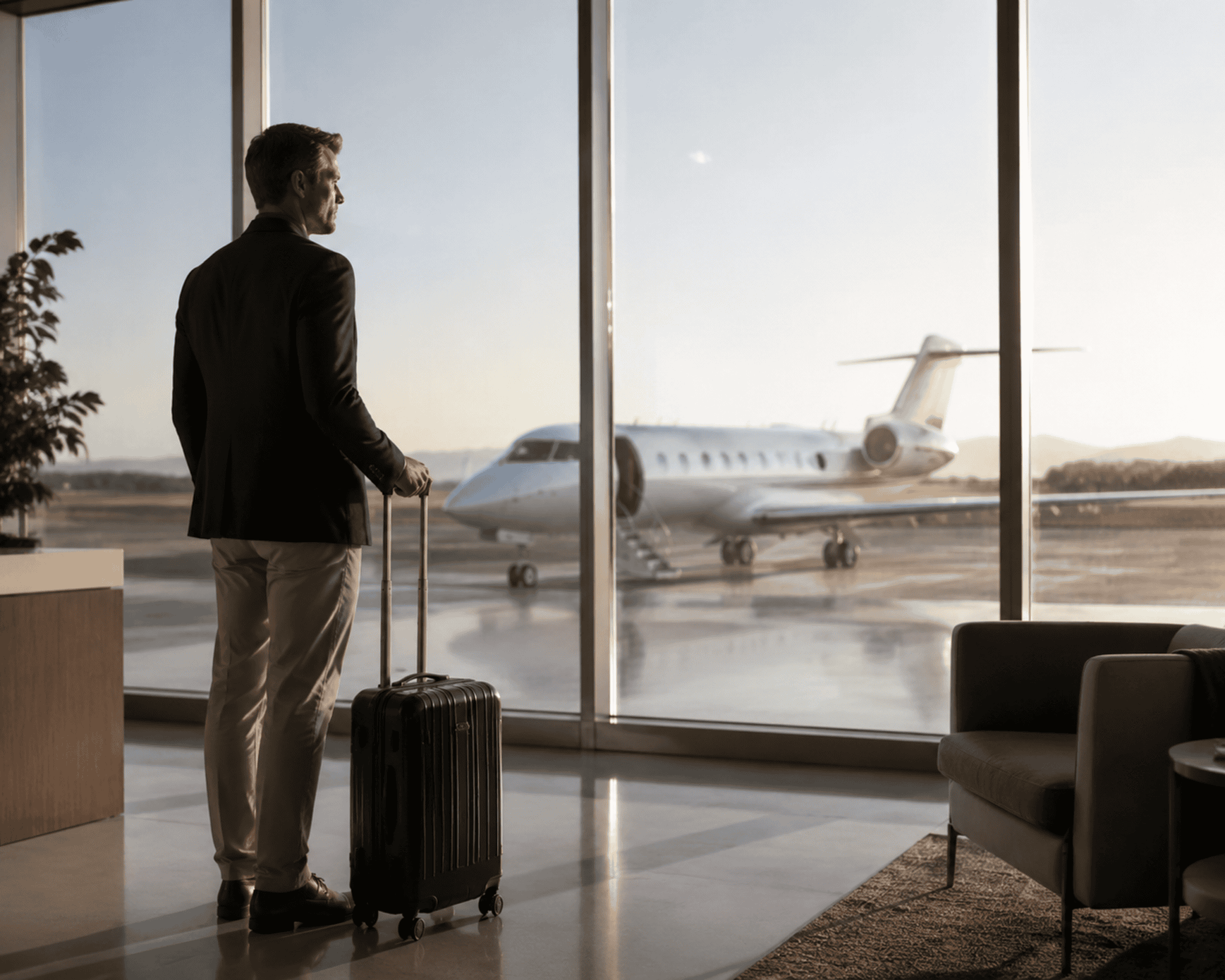 A traveller at an FBO window looking out at a private jet on the apron