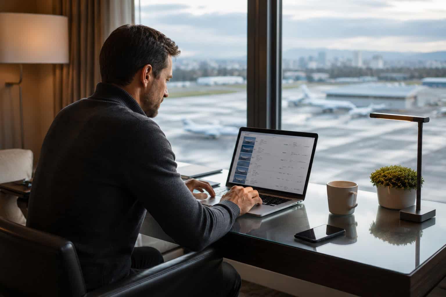 traveller seated at a clean desk