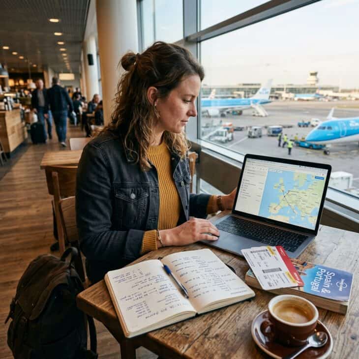 Traveler at airport cafe planning next trip on laptop with handwritten notebook, boarding passes, and travel guide on the table