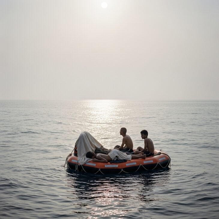 Tiny life raft on an infinite gray Pacific Ocean under a blazing sun with three small figures visible and no land in sight
