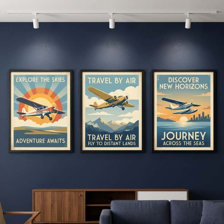 Three matching retro aviation travel posters in slim black frames on a dark navy accent wall with gallery lighting