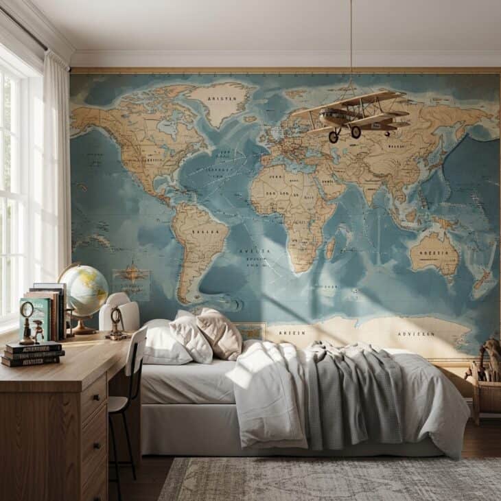 Bedroom accent wall papered with a vintage world map showing flight routes