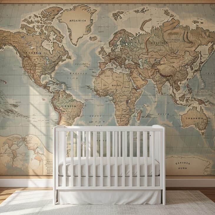 Nursery accent wall papered with a large vintage-style world map